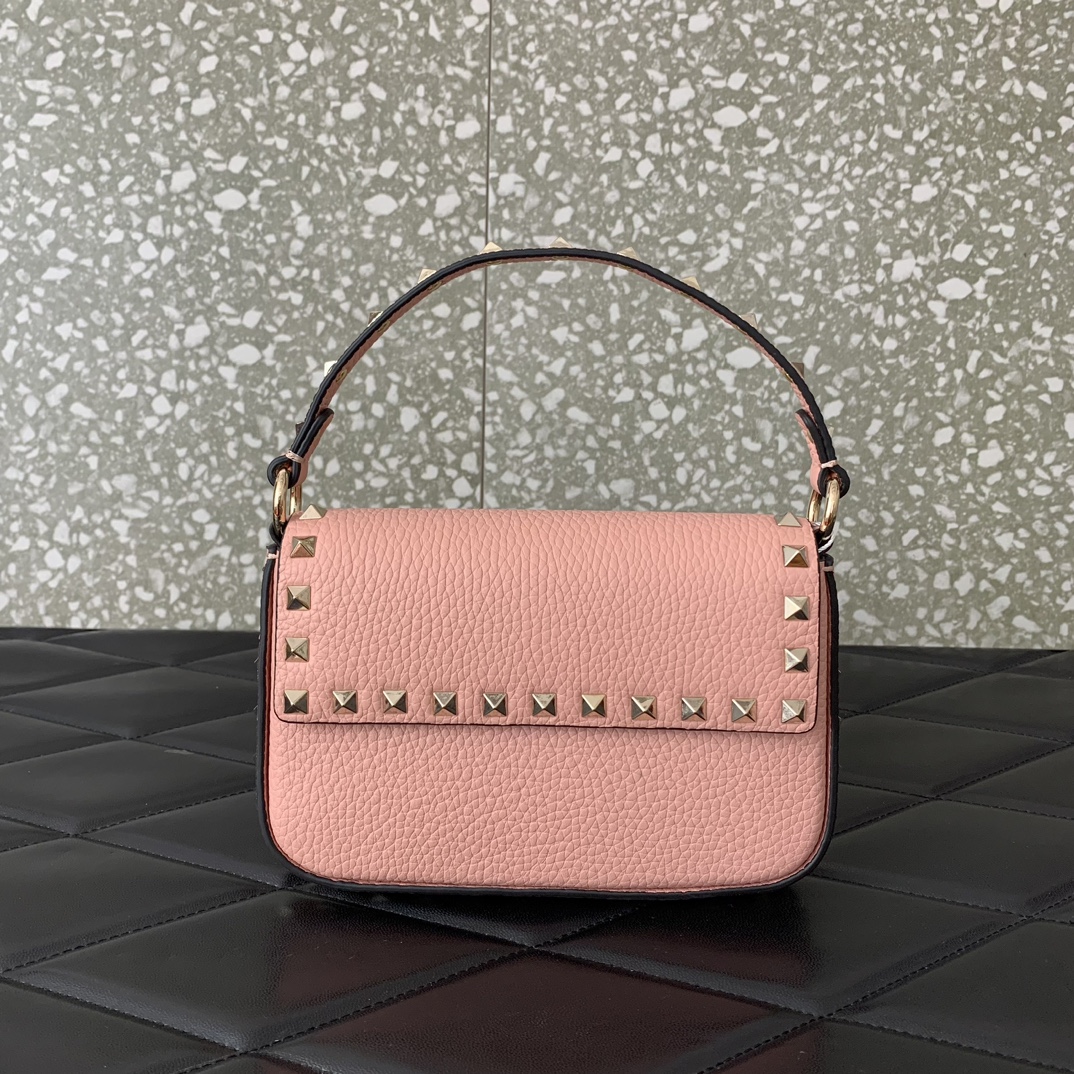 Valentino Garavani Rockstud Small Shoulder Bag in Nude Pink Grainy Calfskin